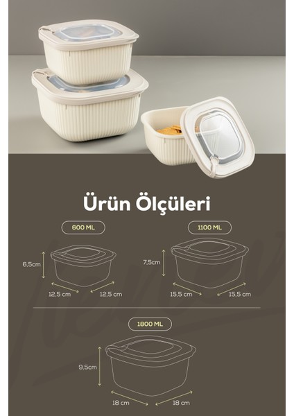 6lı 2X(600-1100-1800 Ml) Mikrodalga ve Difrize Uygun Vip Kapaklı Özel Saklama Kabı Seti Bej fiyatları