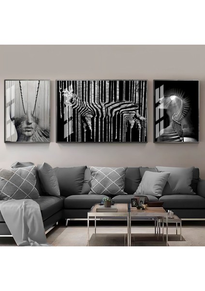 Harikabirev|siyah Beyaz Soyut Kadın Kombini 2 |çerçeveli Temperli Cam Tablo 3lü Yatay
