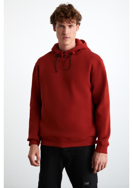 Jorna Erkek 3 Iplik Içi Şardonlu Yumuşacık Çıt Çıt Yakalı Regular Kapüşonlu Kiremit Rengi Sweatshirt