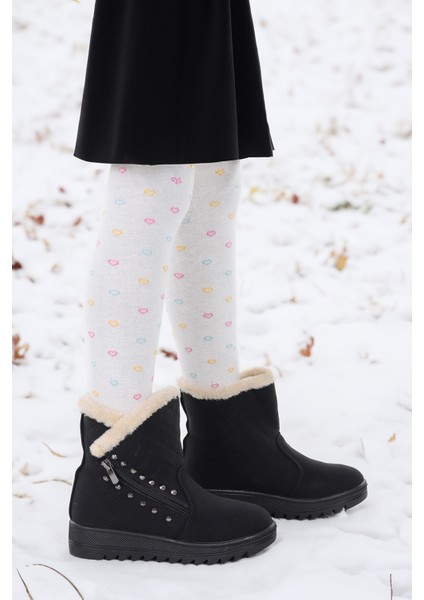 Hezan Fermuarlı Kız Çocuk Bot Ayakkabı Siyah - Bej