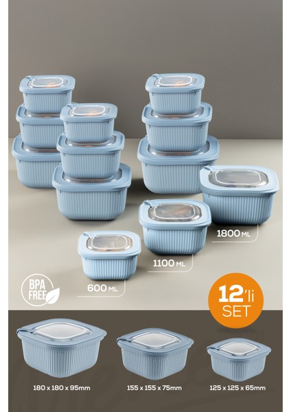 12LI 4X(600-1100-1800 Ml) Mikrodalga ve Difrize Uygun Vip Kapaklı Özel Saklama Kabı Seti Mavi