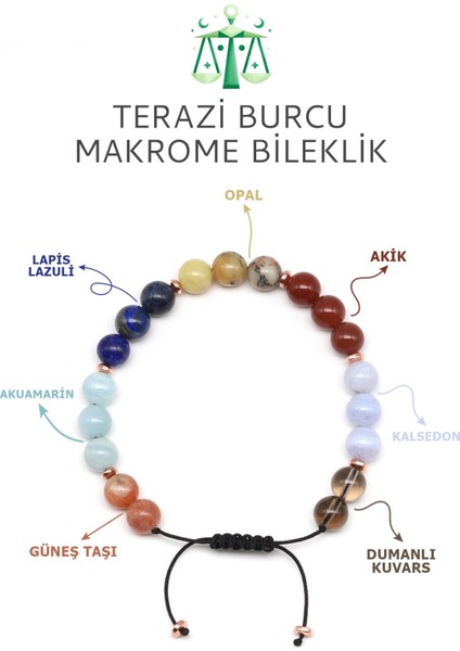 Terazi Burcu Taşlarından Oluşan Doğal Taş Makrome Bileklik 8 mm Küre Kesim - Burç Bilekliği