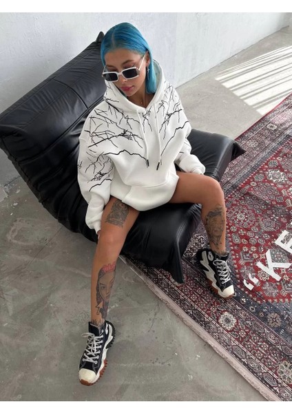 Yıldırım Baskılı Kapşonlu Sweatshirt - Beyaz