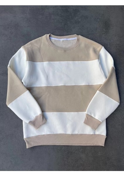 Parçalı Bisiklet Yaka Baskılı Sweatshirt - Bej