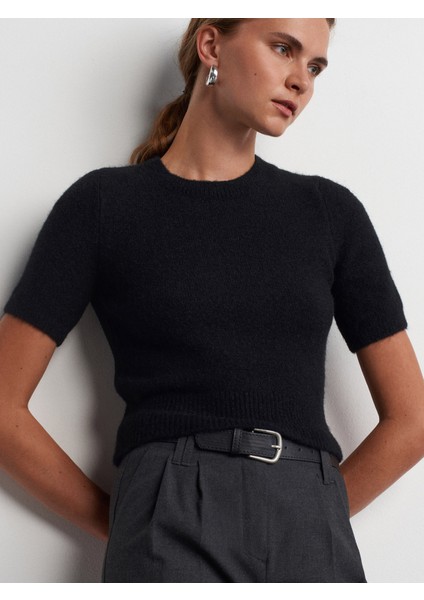 10651 Bisiklet Yaka Yumuşak Dokulu Kısa Kol Triko Kazak-Siyah