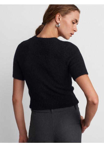 10651 Bisiklet Yaka Yumuşak Dokulu Kısa Kol Triko Kazak-Siyah fiyatları