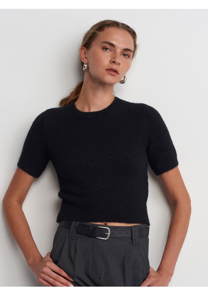 10651 Bisiklet Yaka Yumuşak Dokulu Kısa Kol Triko Kazak-Siyah indirimleri