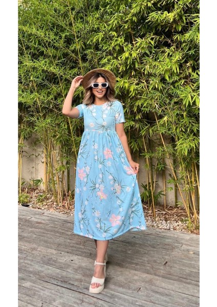 Lucky Life Kadın Kısa Kollu Çiçek Baskı Midi Boy Süprem Elbise modelleri