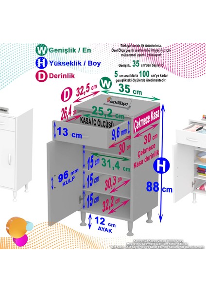 Modilayn Emir 35 x 88 x 32,5 cm 1 Çekmece 1 Kapak 3 Raf 4 Bölme Çok Amaçlı Banyo & Mutfak Dolabı 