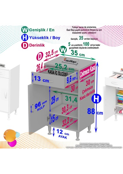 Modilayn Emir 35 x 88 x 32,5 cm 1 Çekmece 1 Kapak 2 Raf 3 Bölme Çok Amaçlı Banyo & Mutfak Dolabı 