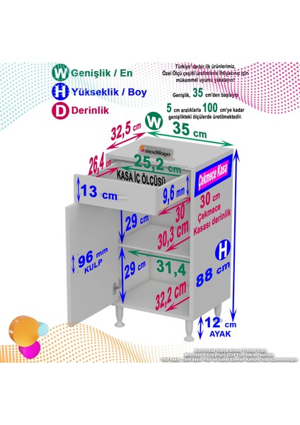 Modilayn Emir 35 x 88 x 32,5 cm 1 Çekmece 1 Kapak 1 Raf 2 Bölme Çok Amaçlı Banyo & Mutfak Dolabı 