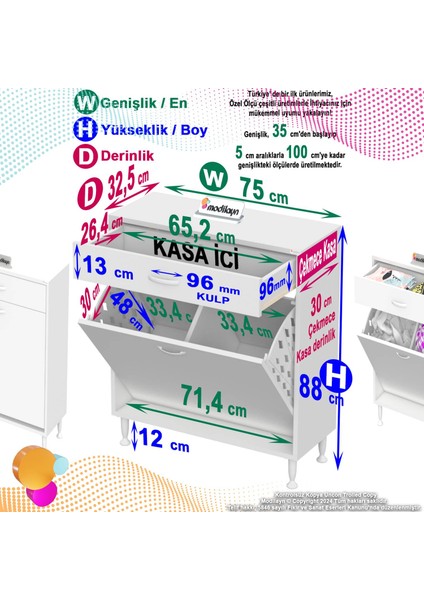 Modilayn Emir 75 x 88 x 32,5 cm 2 Göz Sepetli Kirli Çamaşır Banyo Dolabı Piratik Çok Foksiyonlu Düzenleyici Dolap