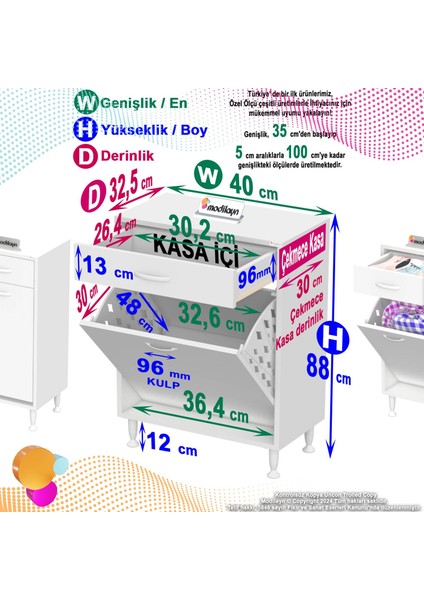 Modilayn Emir 40 x 88 x 32,5 cm 1 Göz Sepetli Kirli Çamaşır Banyo Dolabı Piratik Çok Foksiyonlu Düzenleyici Dolap