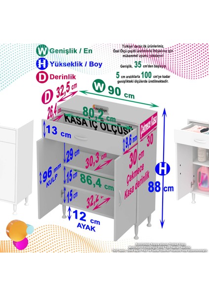 Modilayn Emir 90 x 88 x 32,5 cm 1 Çekmece 2 Kapak 2 Raf 3 Bölme Çok Amaçlı Banyo & Mutfak Dolabı 