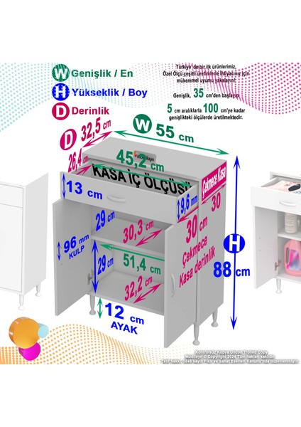 Modilayn Emir 55X88X32,5 cm 1 Çekmece 2 Kapak 1 Raf 2 Bölme Çok Amaçlı Banyo & Mutfak Dolabı 