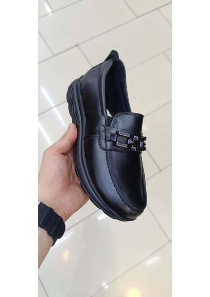 %100 Hakiki Deri 36-40 Siyah Bayan Loafer Model Günlük Mevsimlik Tam Ortopedik Ayakkabı