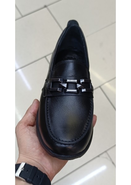 %100 Hakiki Deri 36-40 Siyah Bayan Loafer Model Günlük Mevsimlik Tam Ortopedik Ayakkabı