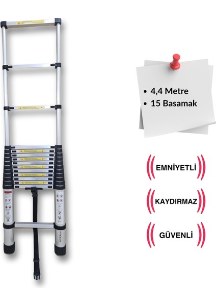 440 cm. - 15  Basamaklı Teleskobik / Teleskopik Merdiven - I Tipi Uzayan Merdiven