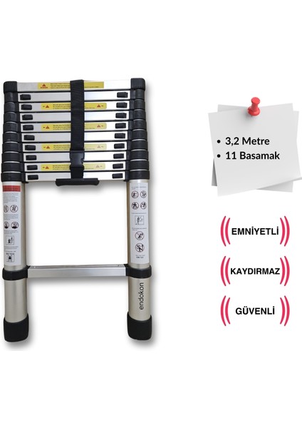 320 cm. - 11  Basamaklı Teleskobik / Teleskopik Merdiven - I Tipi Uzayan