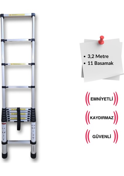 320 cm. - 11  Basamaklı Teleskobik / Teleskopik Merdiven - I Tipi Uzayan