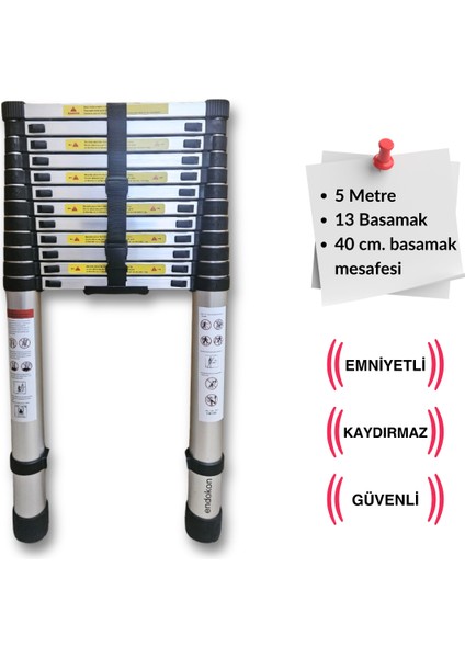 500 cm. - 13  Basamaklı Teleskobik / Teleskopik Merdiven - I Tipi Uzayan Merdiven