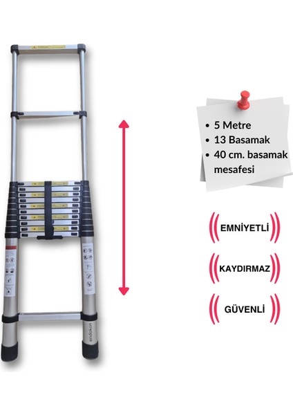 500 cm. - 13  Basamaklı Teleskobik / Teleskopik Merdiven - I Tipi Uzayan Merdiven