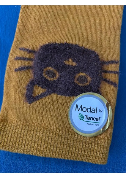 Hardal Sarı Kedi Figürlü Çorap Kadın