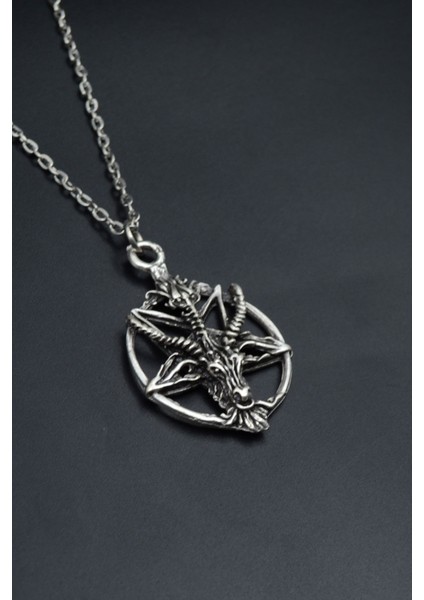 Pentagram Yıldızı Keçi Kafası Gümüş Kaplama Unisex Düz Zincir Kolye kod 831