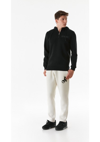 Yazı Baskılı Yarım Fermuarlı Kapüşonlu Sweatshirt