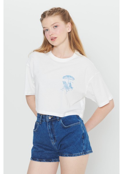 Oversize Fit Bol Kesim %100 Pamuk Bisiklet Yaka Baskılı Crop Tişört modelleri