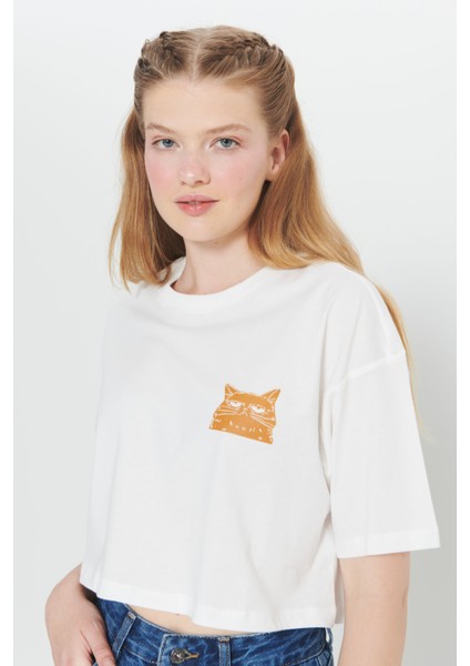 Oversize Fit Bol Kesim %100 Pamuk Bisiklet Yaka Baskılı Crop Tişört