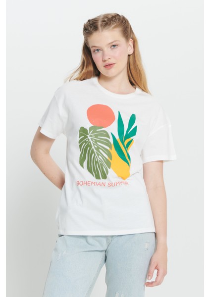 %100 Pamuk Oversize Fit Bol Kesim Baskılı Bisiklet Yaka Crop Tişört