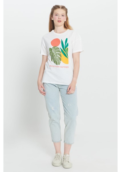 %100 Pamuk Oversize Fit Bol Kesim Baskılı Bisiklet Yaka Crop Tişört fiyatları