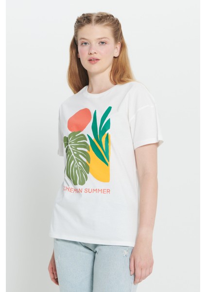 %100 Pamuk Oversize Fit Bol Kesim Baskılı Bisiklet Yaka Crop Tişört modelleri