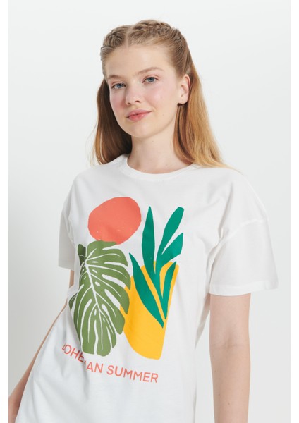 %100 Pamuk Oversize Fit Bol Kesim Baskılı Bisiklet Yaka Crop Tişört fırsatları