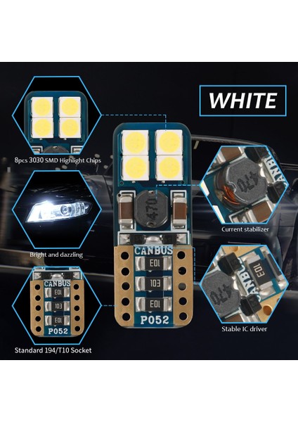 Led Ampul T10 8 SMD Canbus'lı Beyaz 2'li Set 12V / LAAM628 modelleri