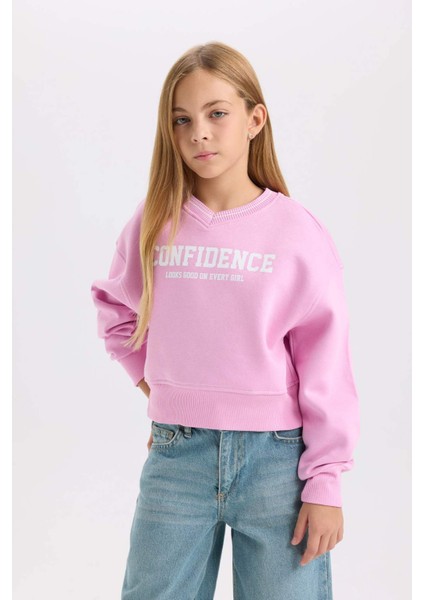 Kız Çocuk V Yaka Baskılı İçi Yumuşak Tüylü Sweatshirt D3496A824WN