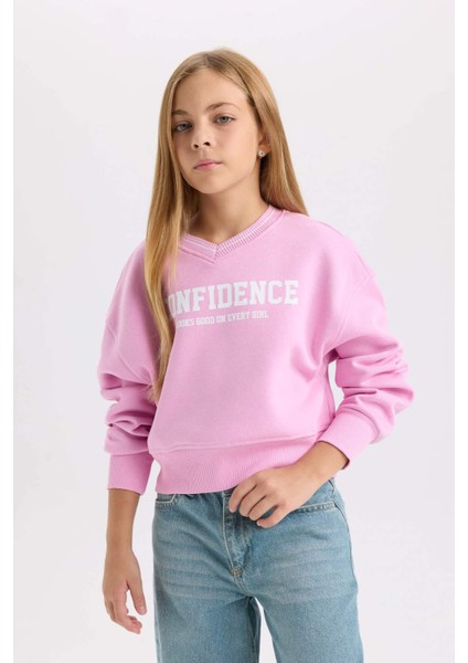 Kız Çocuk V Yaka Baskılı İçi Yumuşak Tüylü Sweatshirt D3496A824WN modelleri