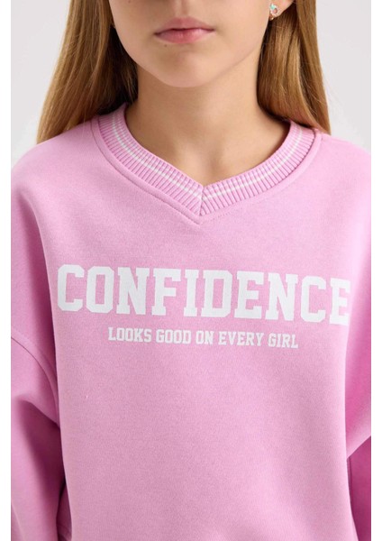 Kız Çocuk V Yaka Baskılı İçi Yumuşak Tüylü Sweatshirt D3496A824WN indirimleri