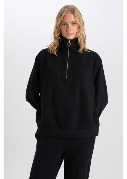 Regular Fit Yarım Fermuarlı Dik Yaka Basic Düz Sweatshirt D9009AX24WN