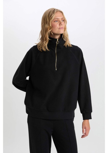 Regular Fit Yarım Fermuarlı Dik Yaka Basic Düz Sweatshirt D9009AX24WN fiyatları
