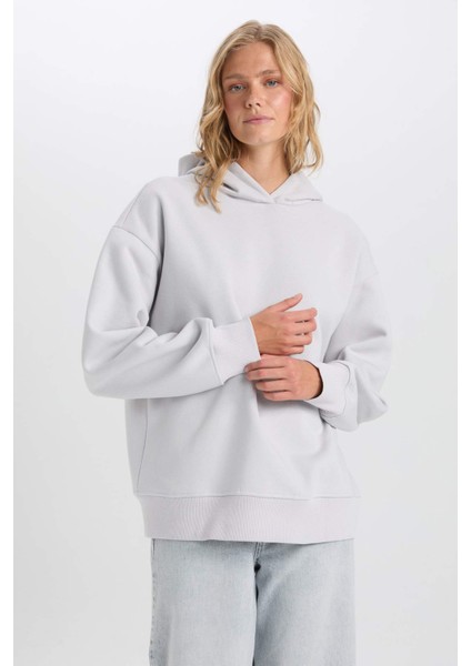 Relax Fit Kapüşonlu Kalın Basic Düz Sweatshirt D9935AX24WN