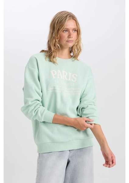 Oversize Geniş Kalıp Bisiklet Yaka Baskılı Kalın Sweatshirt D9804AX24WN