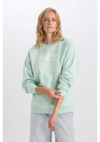 Oversize Geniş Kalıp Bisiklet Yaka Baskılı Kalın Sweatshirt D9804AX24WN