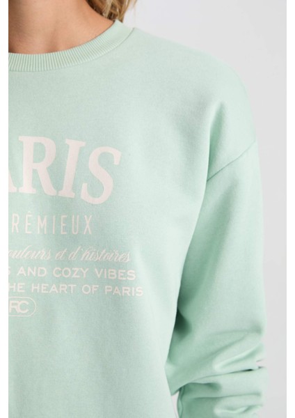 Oversize Geniş Kalıp Bisiklet Yaka Baskılı Kalın Sweatshirt D9804AX24WN