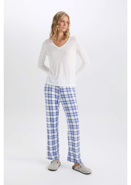 Fall in Love Pijama Takım V Yaka Uzun Kollu Basic Düz Üst Kareli Beli Lastikli Alt C5438AX24AU