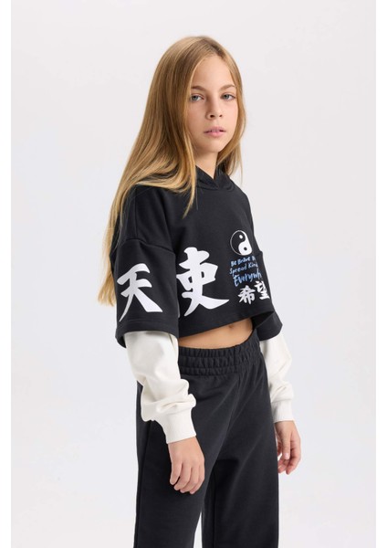 Kız Çocuk 2'li Takım Bisiklet Yaka Baskılı Sweatshirt Beli Lastikli Jogger Eşofman Altı D4066A824WN