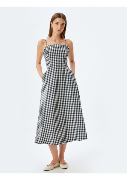 Uzun Askılı Elbise Fırfır Detaylı Cepli