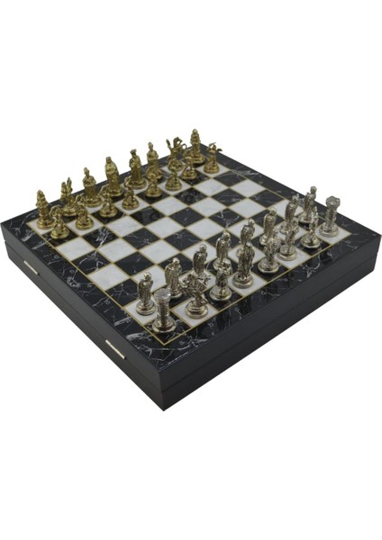 Orta Boy Metal Osmanlı-Bizans Satranç Takımı Parlak ve Mermer Desenli Sandıklı Mdf Tahtası (36X36X6 Cm.)