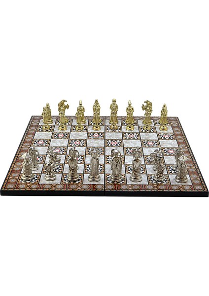 1295 Büyük Boy Metal Osmanlı Bizans Satranç Takımı Parlak ve Katlanır Sedef Desenli Tahtası, 43 x 43 x 1.2 cm